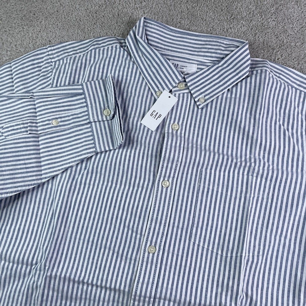 NEW GAP Shirt Mens Large Blue White Striped Oxford Standard Fit Button Down NWT